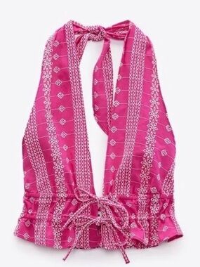 ZARA Fuchsia Embroidered Halter Tie-Back Top